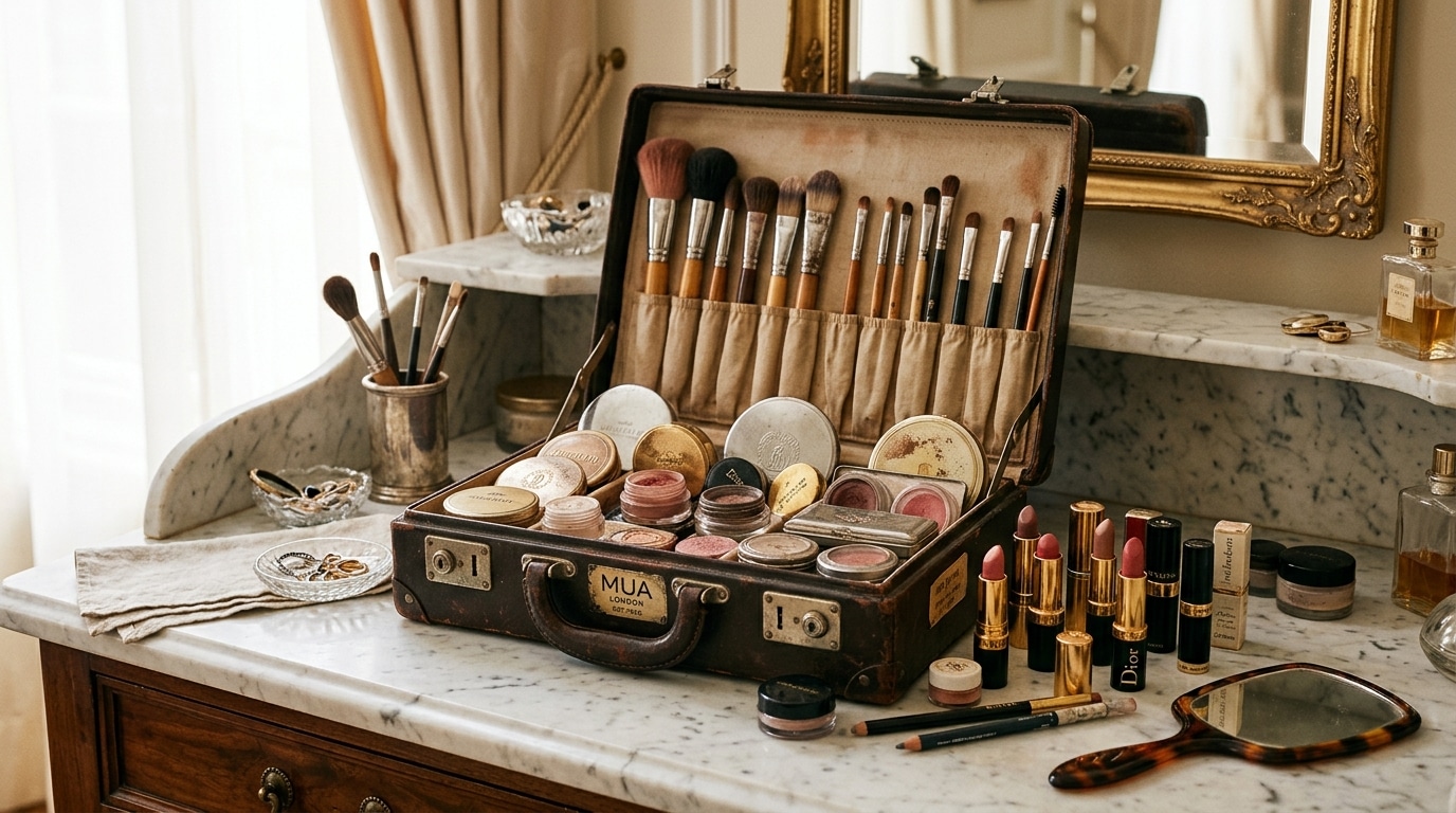 Trousse de maquillage vintage sur une table de coiffeuse en marbre