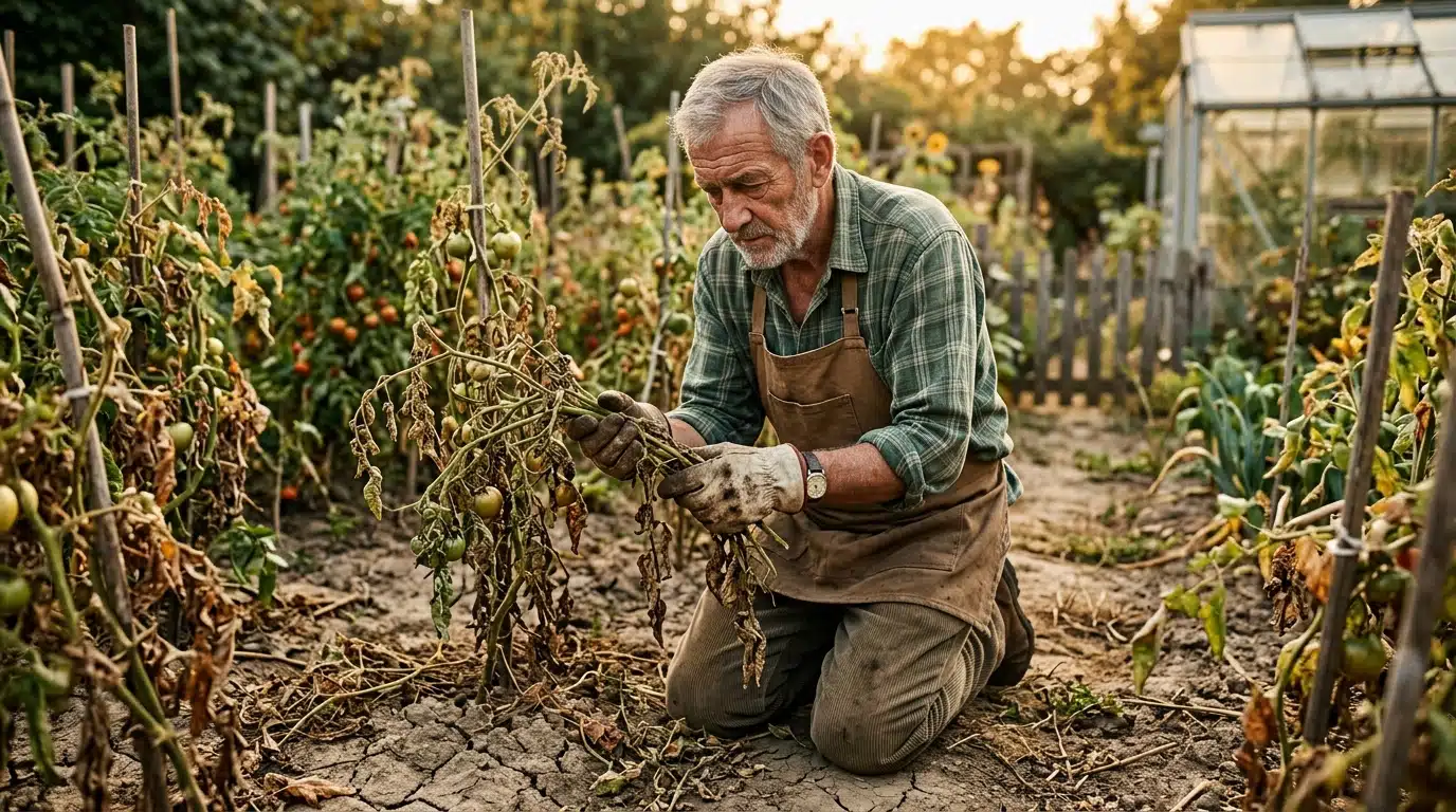 Jardinier examine des pieds de tomates fin août