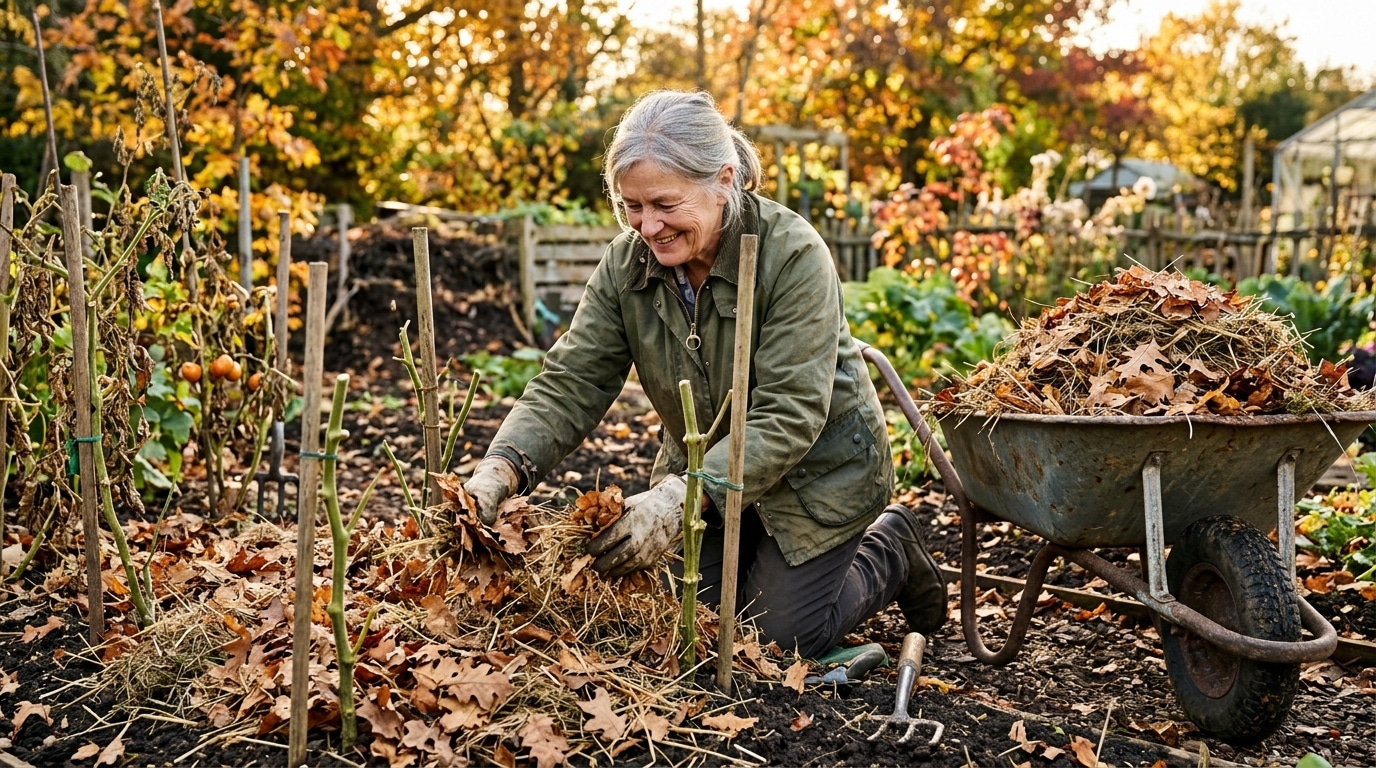 Paillage de feuilles mortes sur le potager