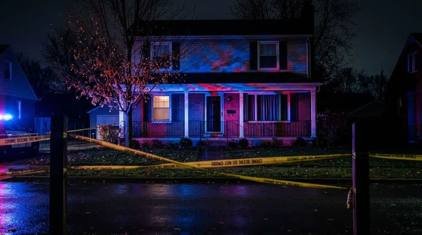 Lumières de police devant une maison de nuit