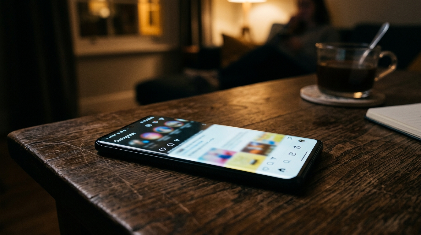 Smartphone illuminé posé sur une table le soir