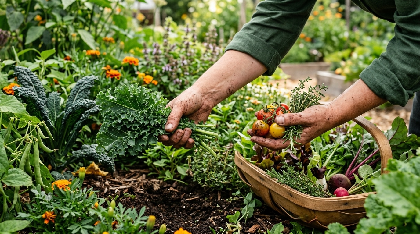 Mains récoltant des légumes dans un potager en permaculture