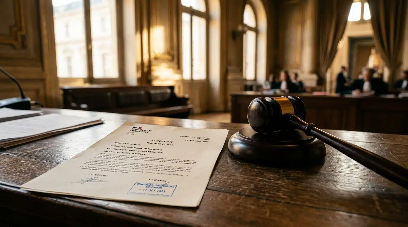 Document judiciaire et marteau sur un bureau à Paris
