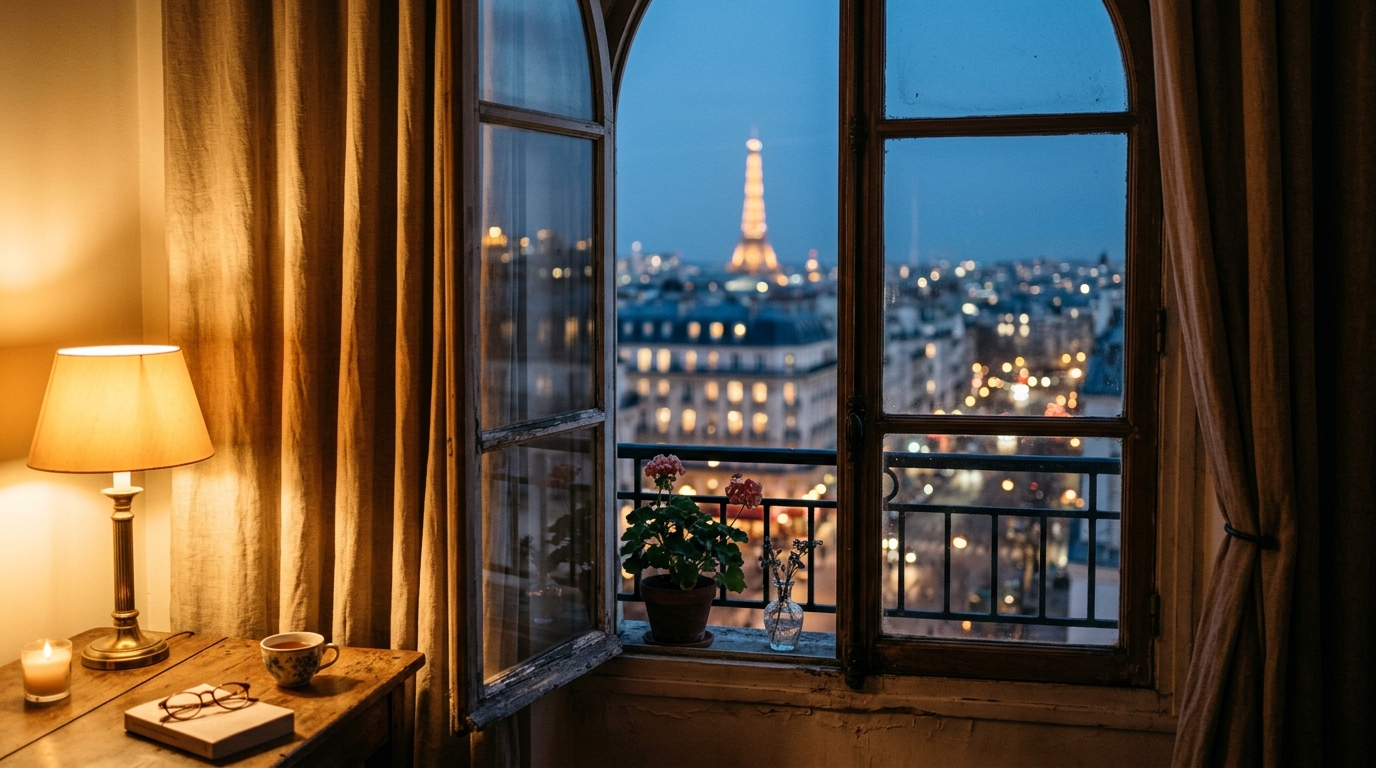 Fenêtre d'appartement parisien au crépuscule