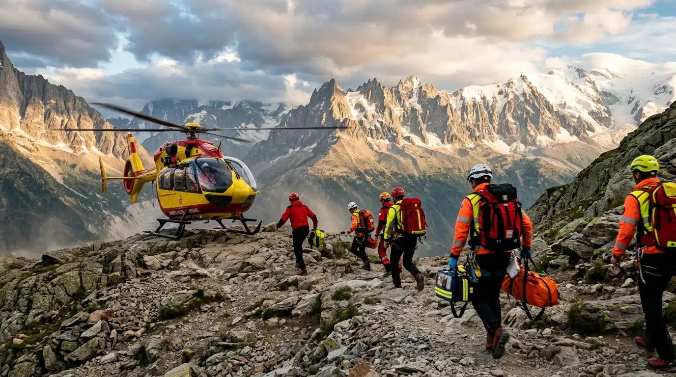 Hélicoptère de secours atterrissant en zone alpine escarpée