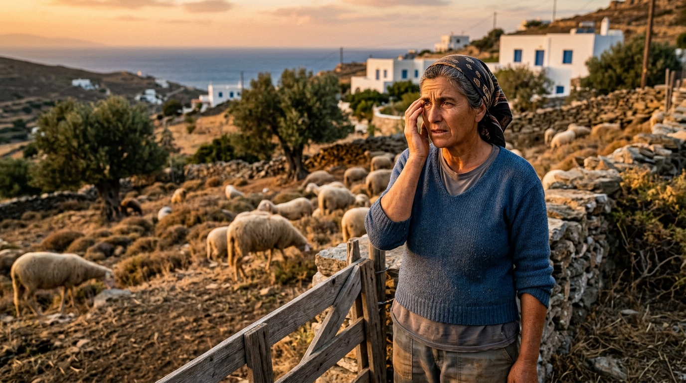 Femme grecque travaillant près d'un champ de moutons