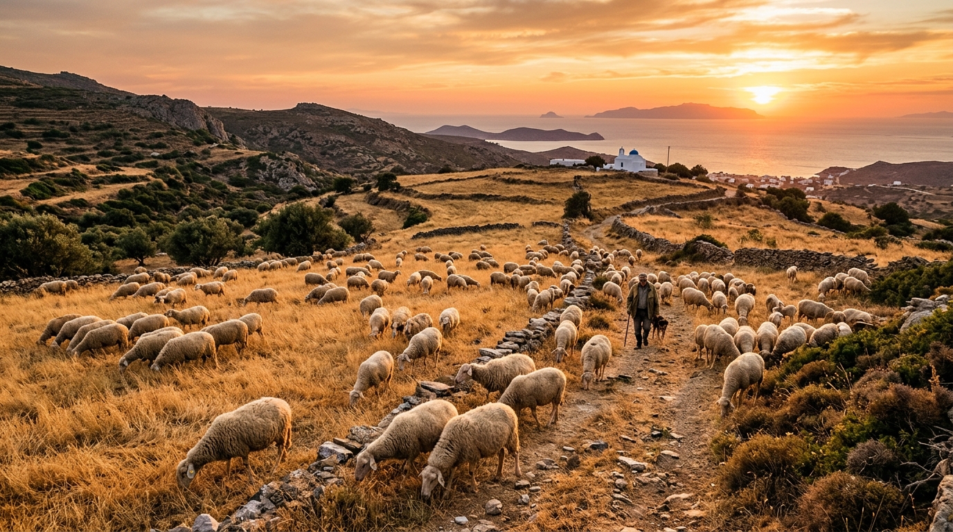 Troupeau de moutons dans un champ grec au coucher du soleil