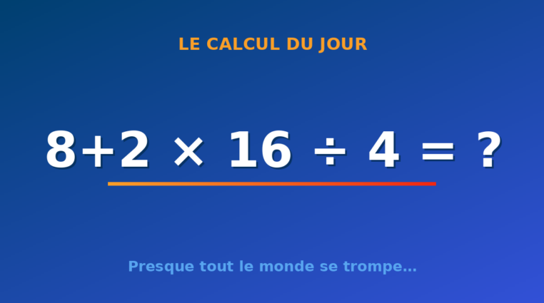 Le calcul du jour : 8+2 × 16 ÷ 4 — samedi 8 août 2026