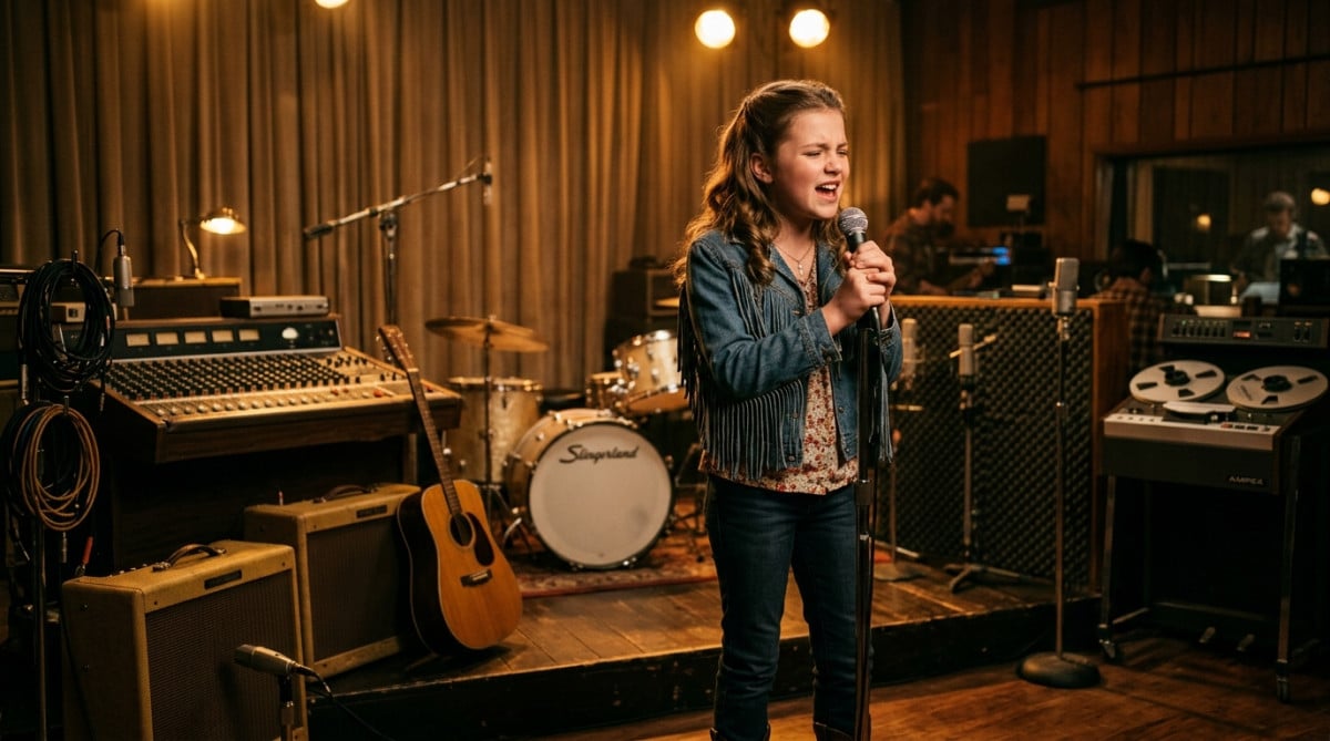 Jeune chanteuse country sur scène dans un studio vintage