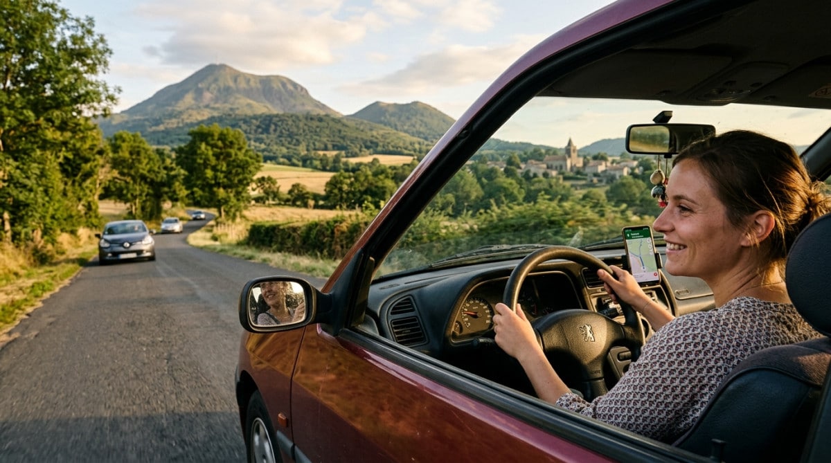 Jeune femme conduisant sa voiture dans la campagne auvergnate