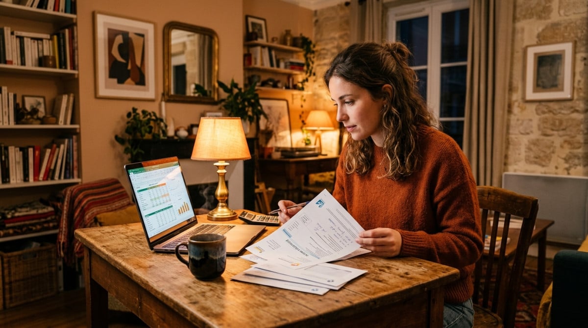 Jeune femme consultant son budget mensuel à table