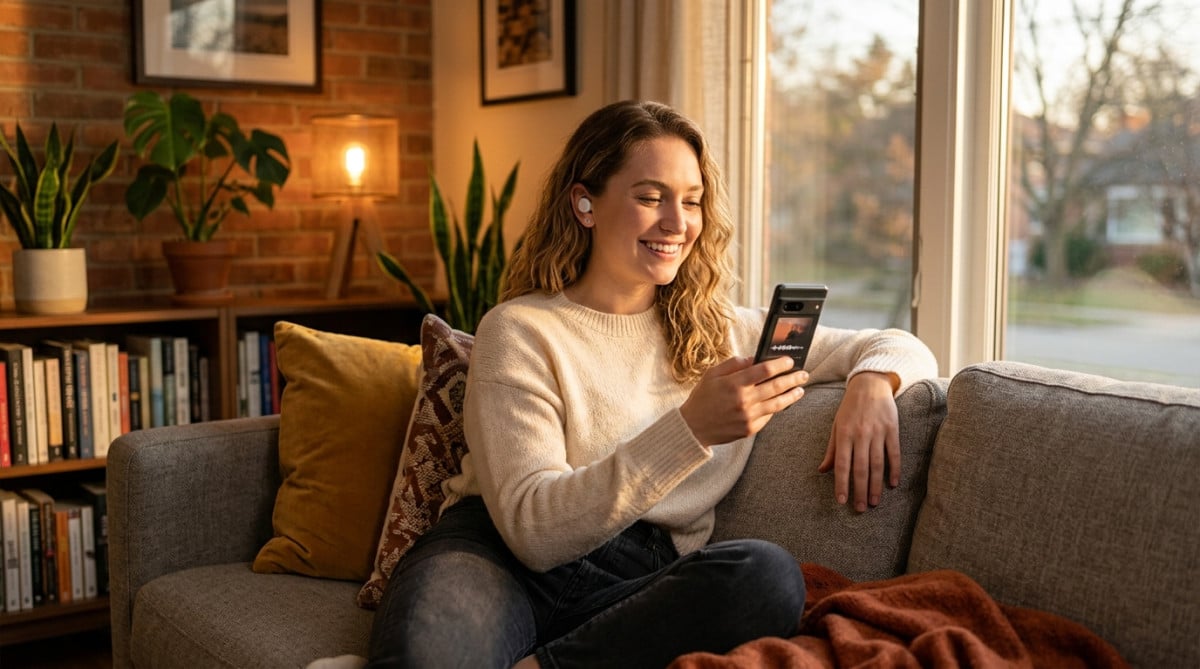 Jeune femme écoutant de la musique en streaming sur smartphone