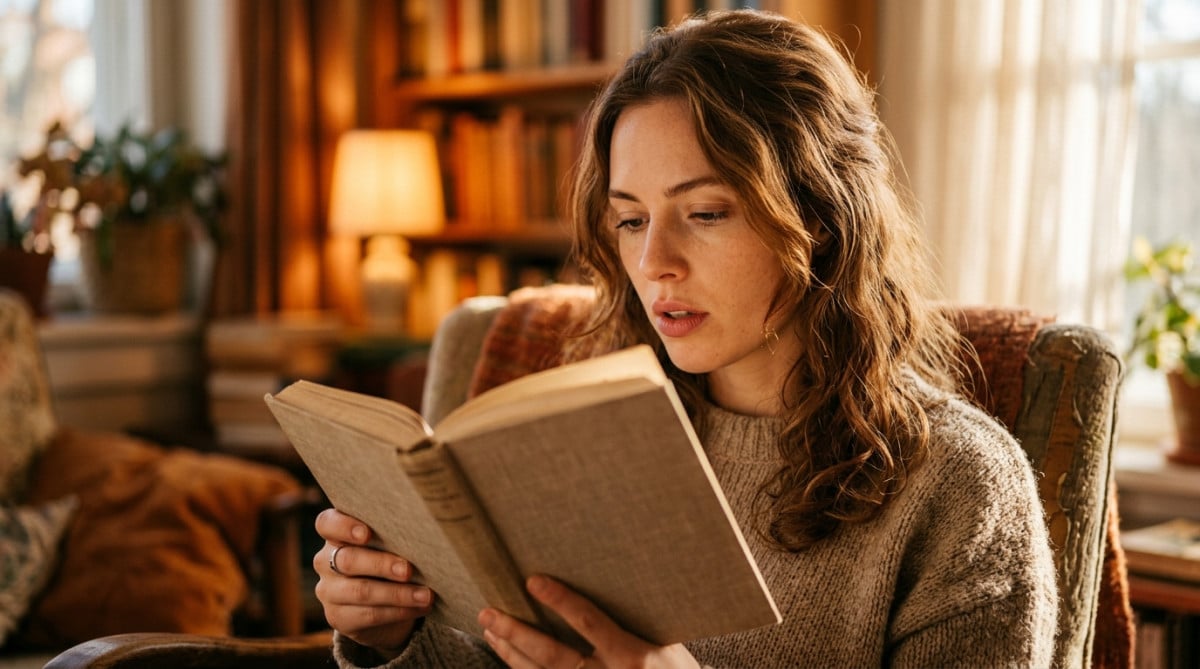 Jeune femme lisant un livre en articulant silencieusement
