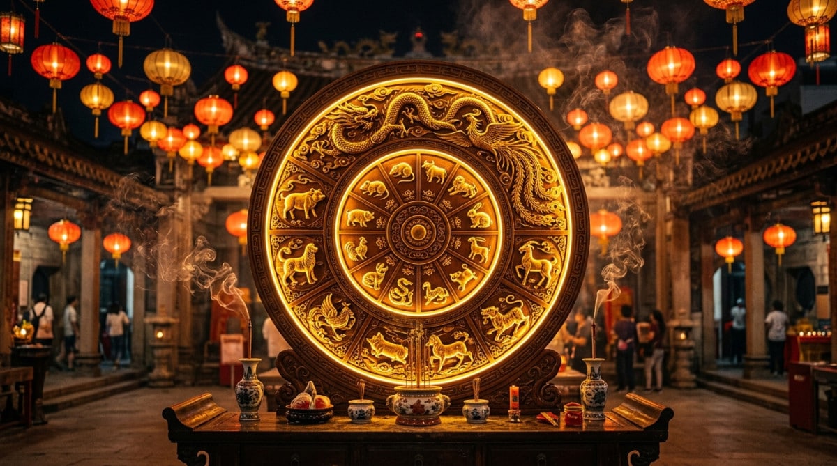 Jeune femme souriante entourée d'énergie mystique dorée symbolisant l'élément Feu de l'horoscope chinois