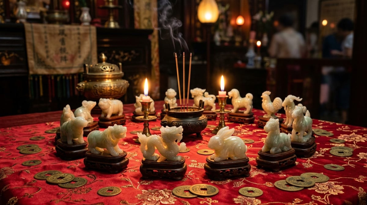 Jeune femme souriante tenant un pendentif dragon en jade dans une ambiance mystique aux lanternes chinoises