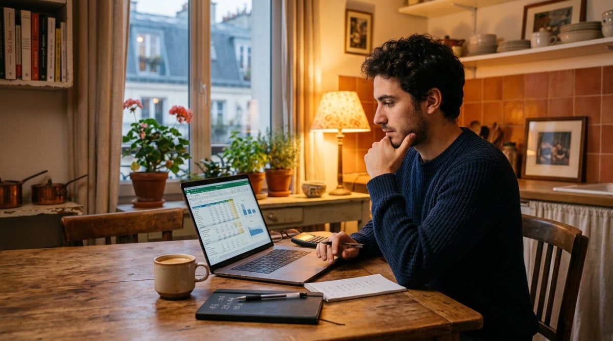 Jeune homme calculant son budget mensuel à table