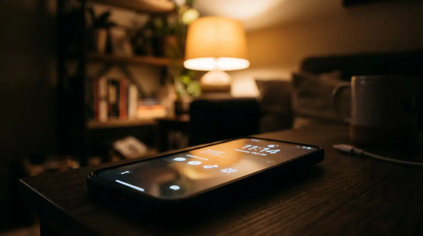 Smartphone affichant des notifications dans une pièce sombre
