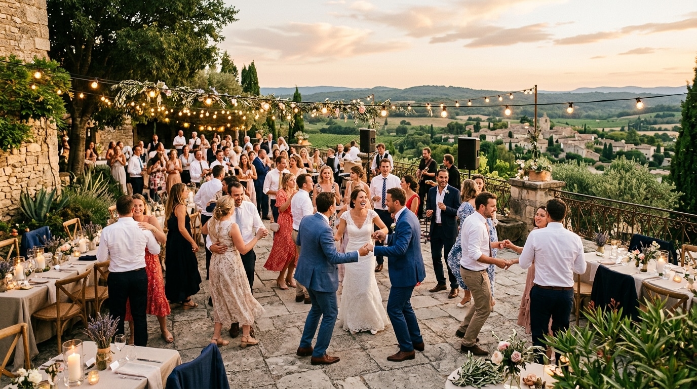Mariage en été avec invités dansant au coucher du soleil