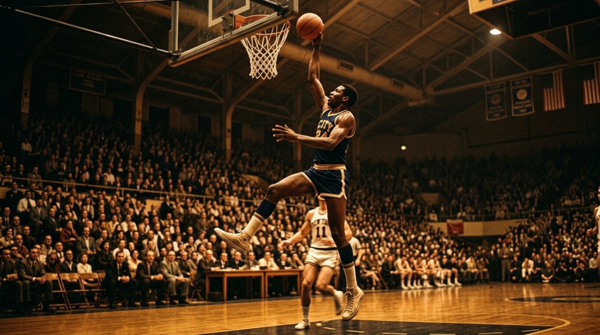 Joueur de basketball américain marquant un panier historique