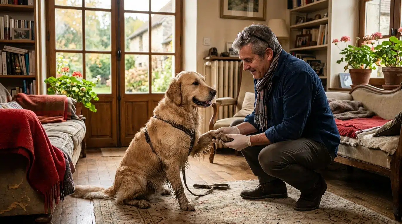 Vétérinaire vérifiant les coussinets d'un chien après la balade