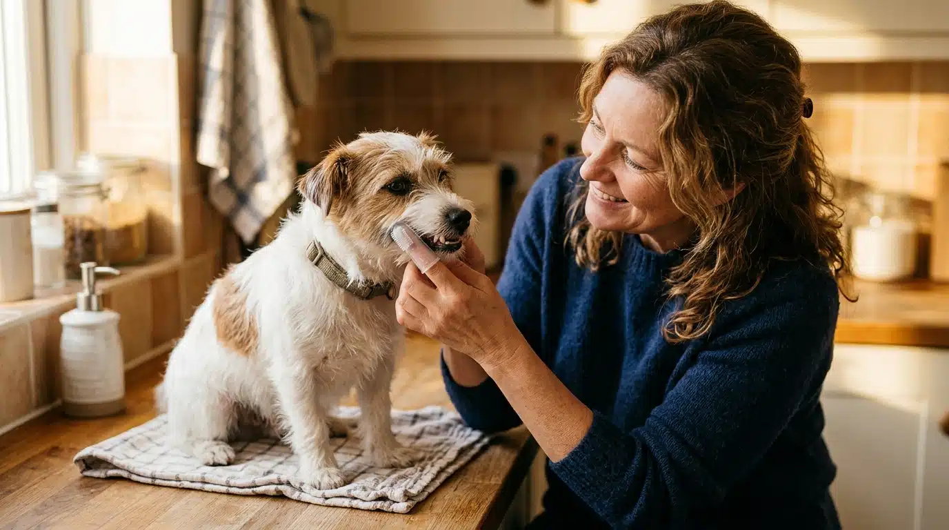 Femme brossant les dents de son chien à la maison