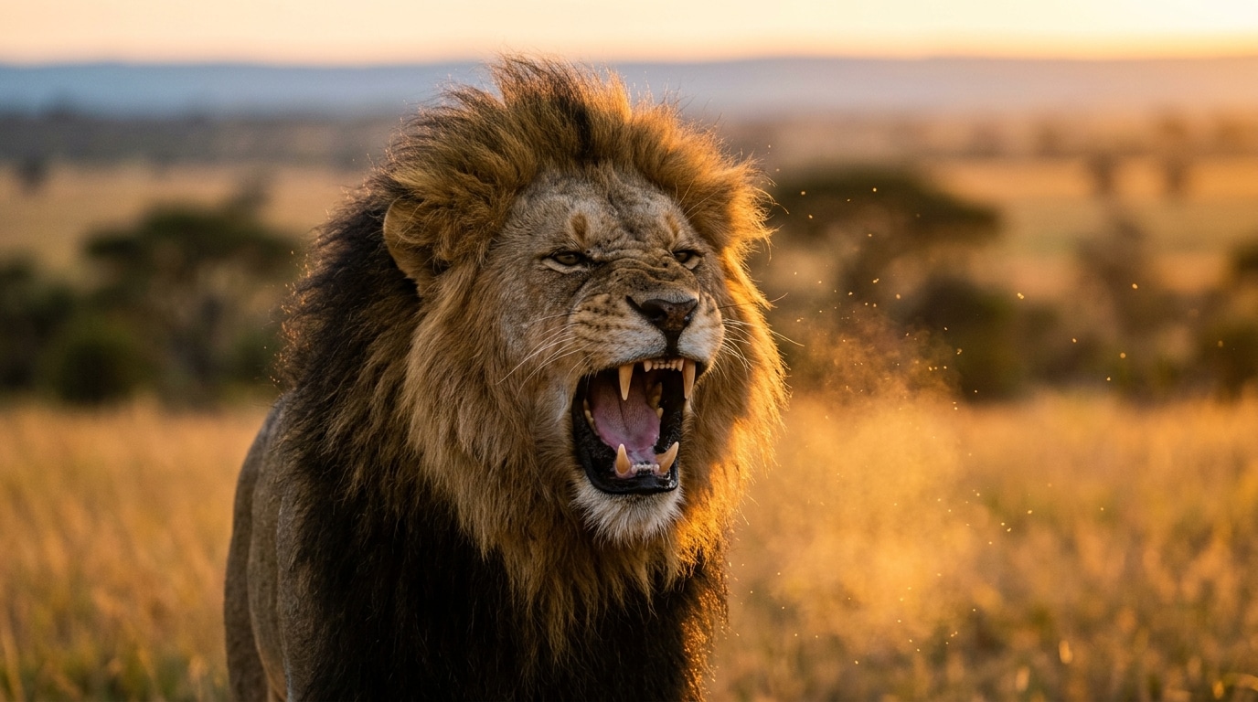 Lion mâle rugissant avec sa crinière épaisse