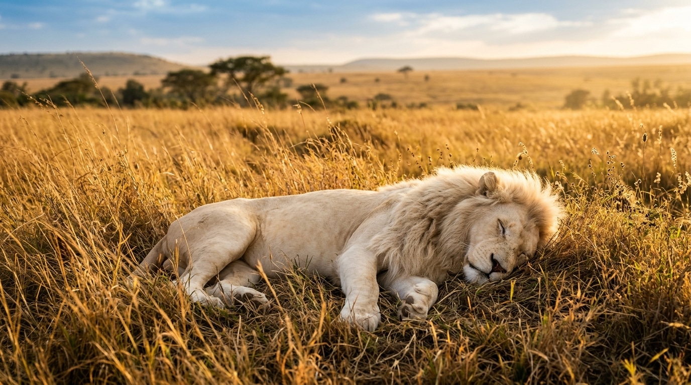 Lion blanc rare allongé dans l'herbe dorée