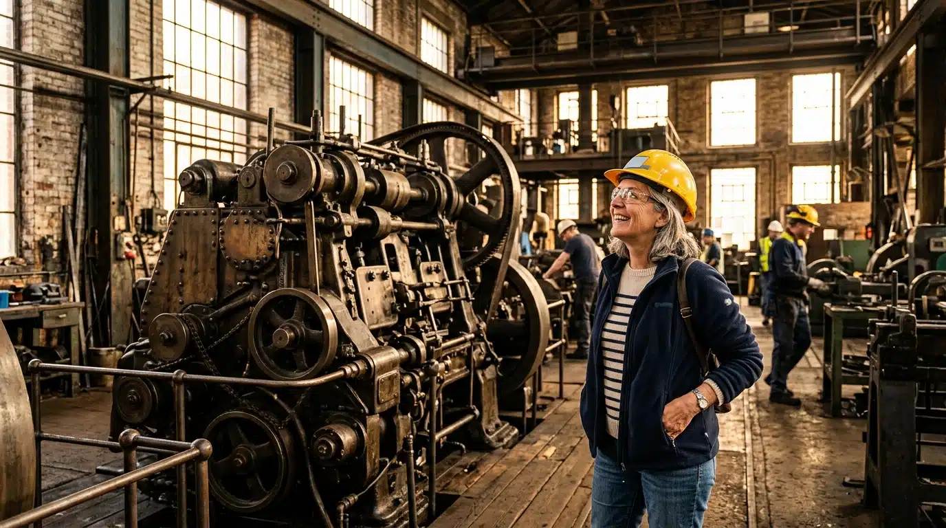 Visiteur casqué découvrant les machines d'une usine ouverte