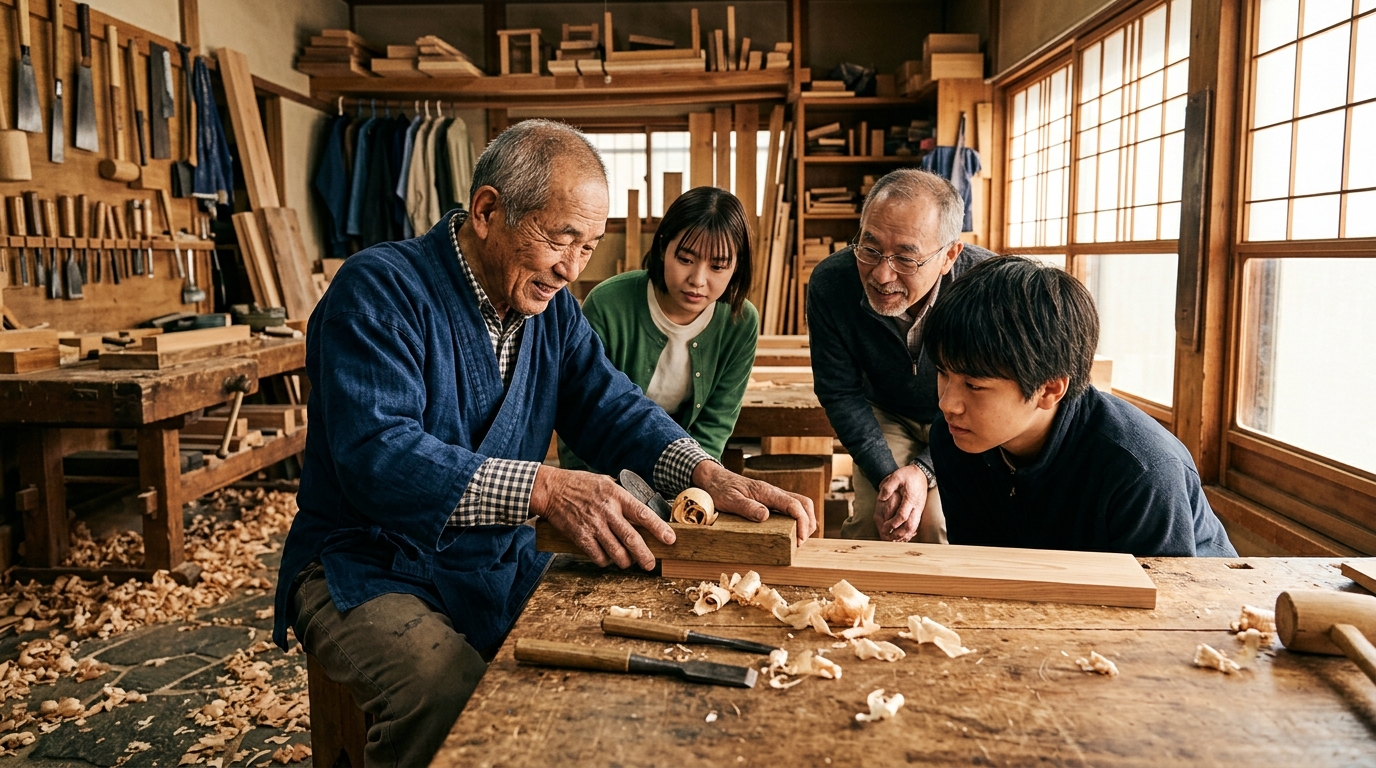 Artisan montrant son savoir-faire à des visiteurs curieux