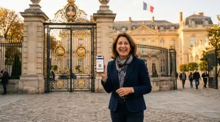 Femme réservant en ligne devant un palais du patrimoine