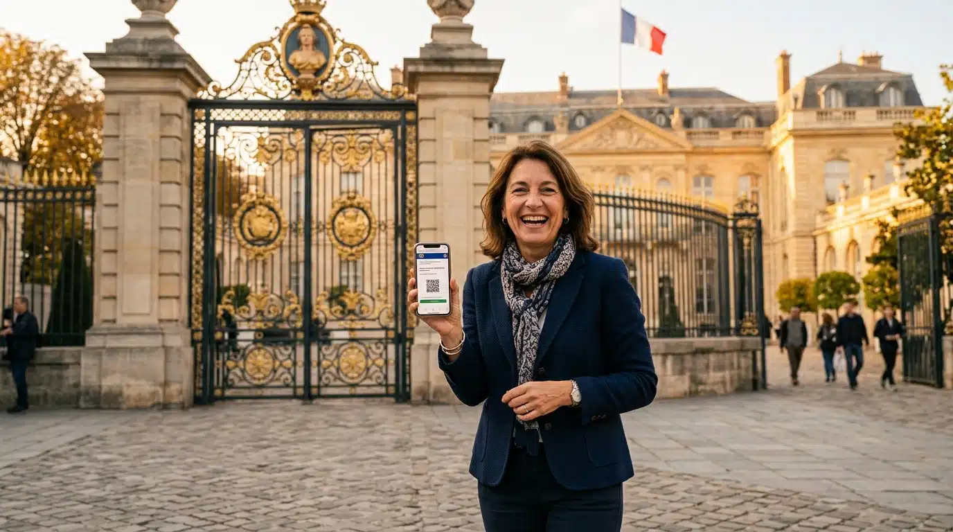 Femme réservant en ligne devant un palais du patrimoine
