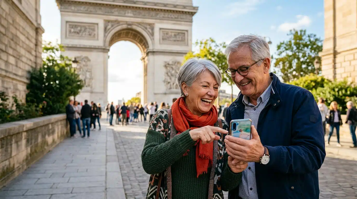 Couple senior consultant le programme du patrimoine sur smartphone