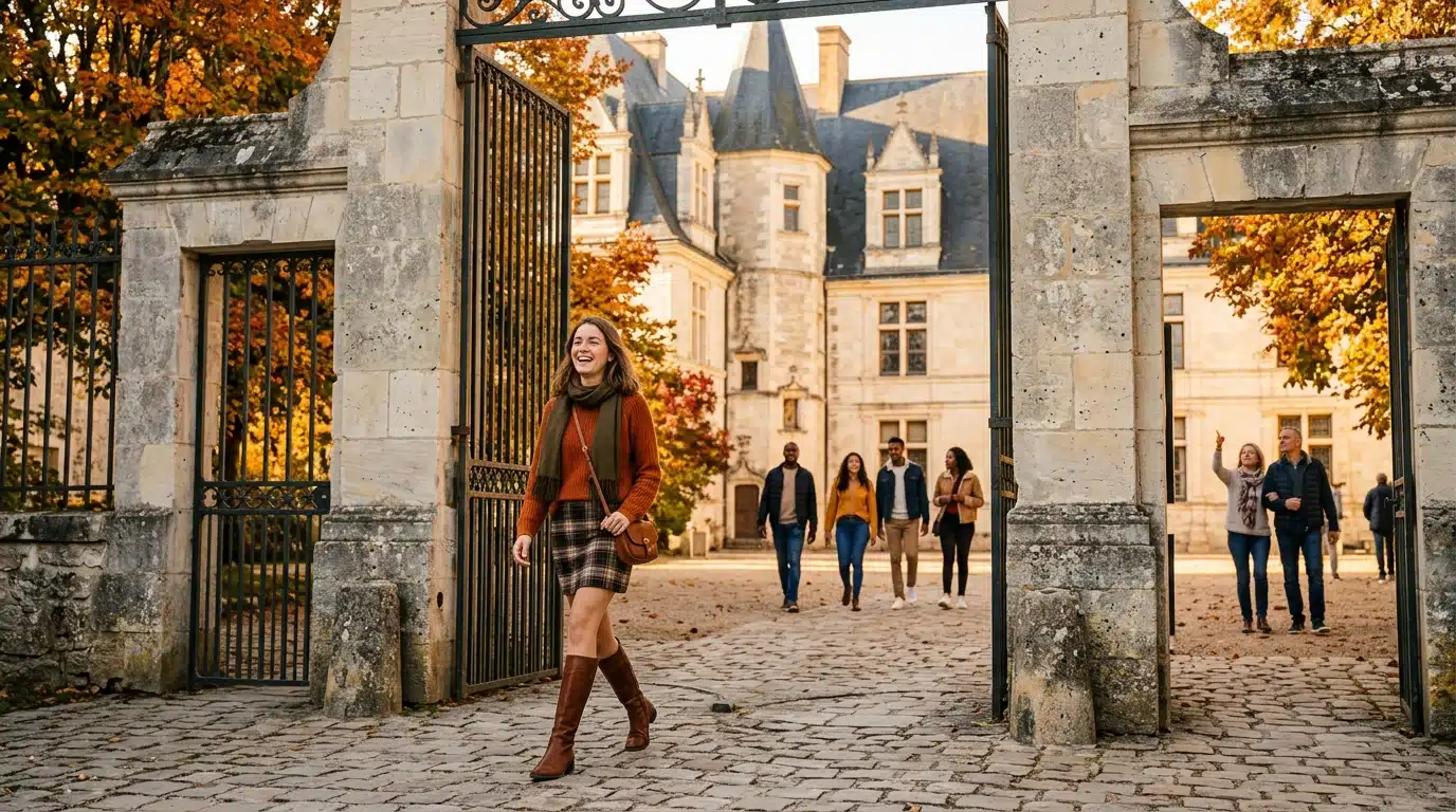 Visiteuse souriante entrant dans un château ouvert au public
