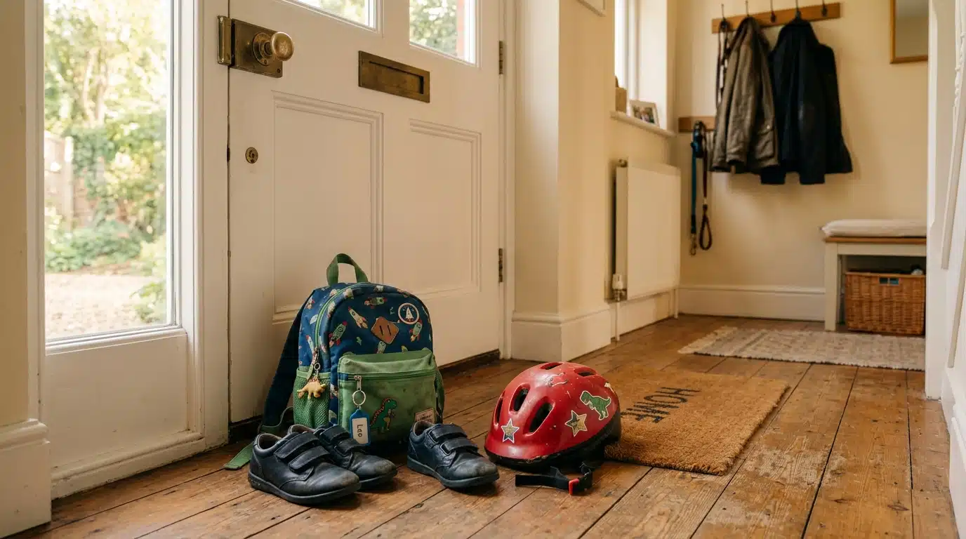 Sac d'école et chaussures d'enfant au petit matin