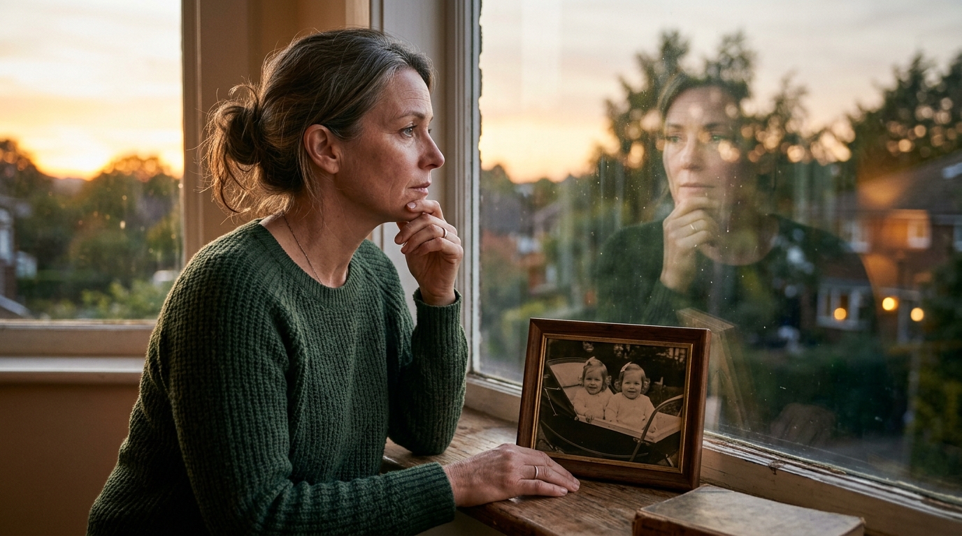 Femme émue repensant à son enfance de jumelle