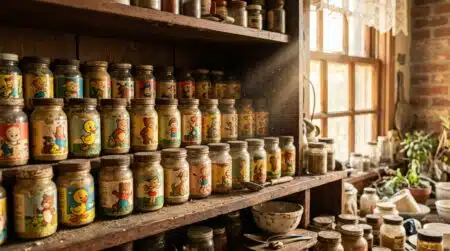 Verres à moutarde vintage décorés sur étagère ancienne