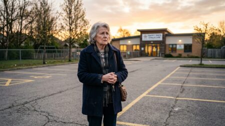 Grand-mère inquiète devant une crèche vide au petit matin