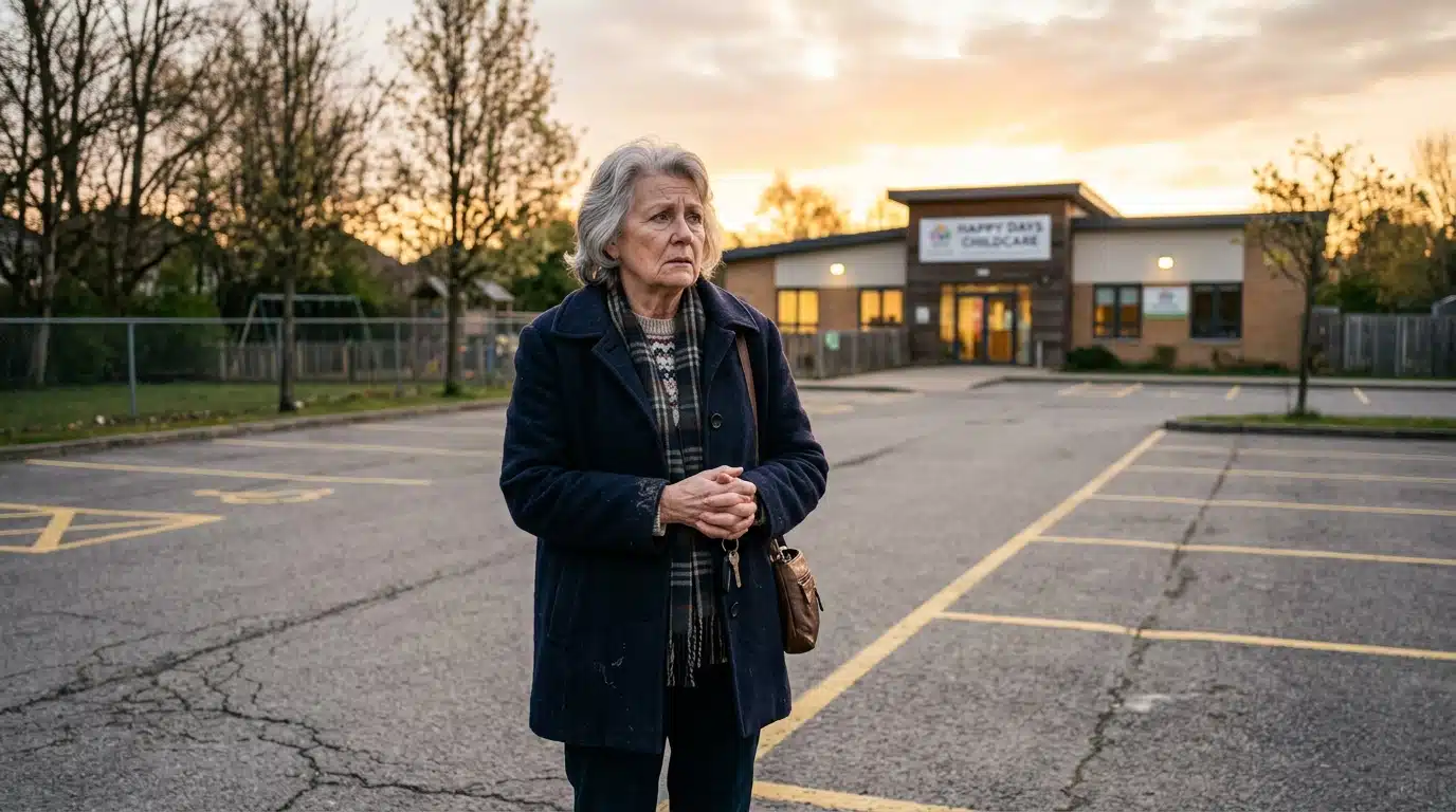 Grand-mère inquiète devant une crèche vide au petit matin