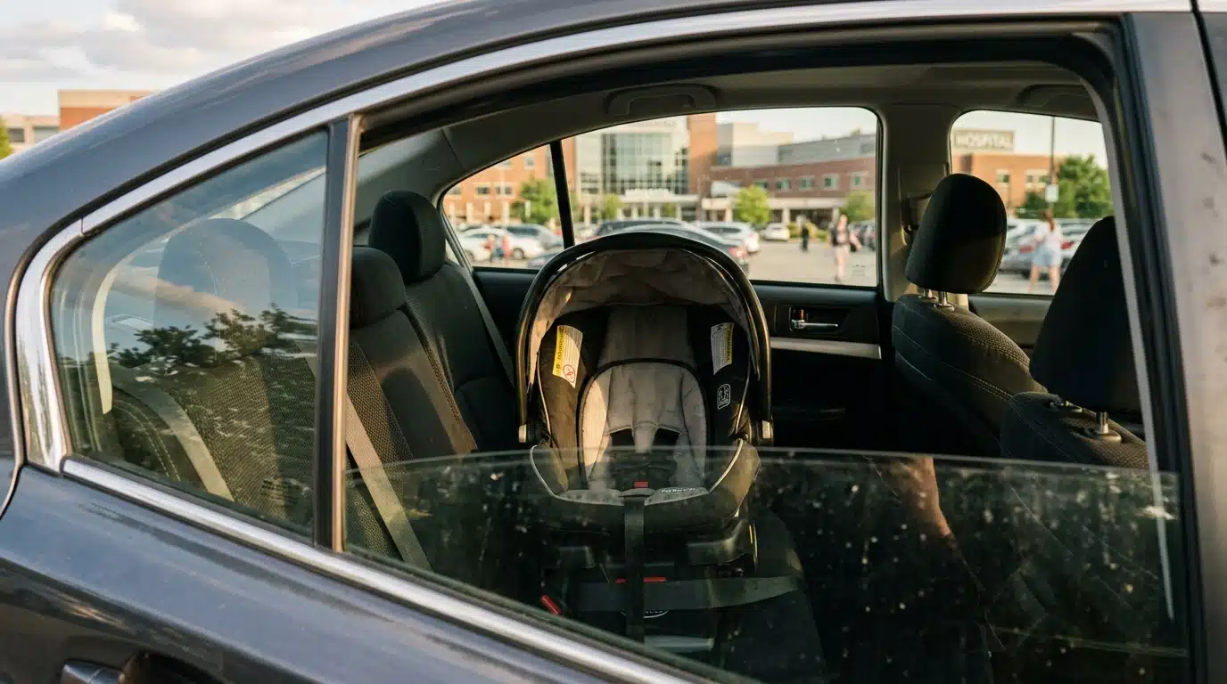 Siège auto vide visible à travers la vitre d'une voiture