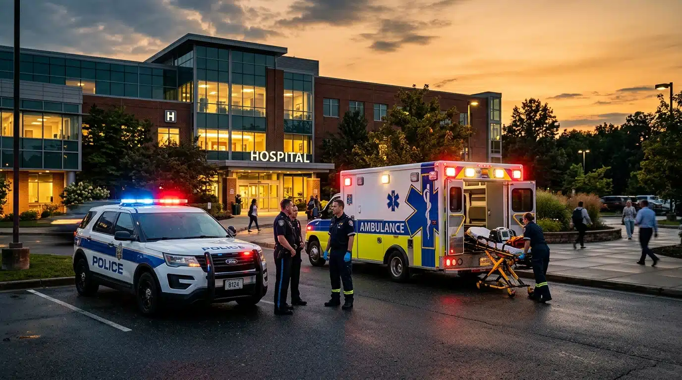 Police et ambulance devant un centre médical au crépuscule