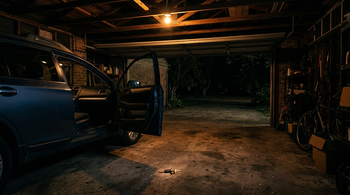 Garage sombre la nuit avec voiture et clés