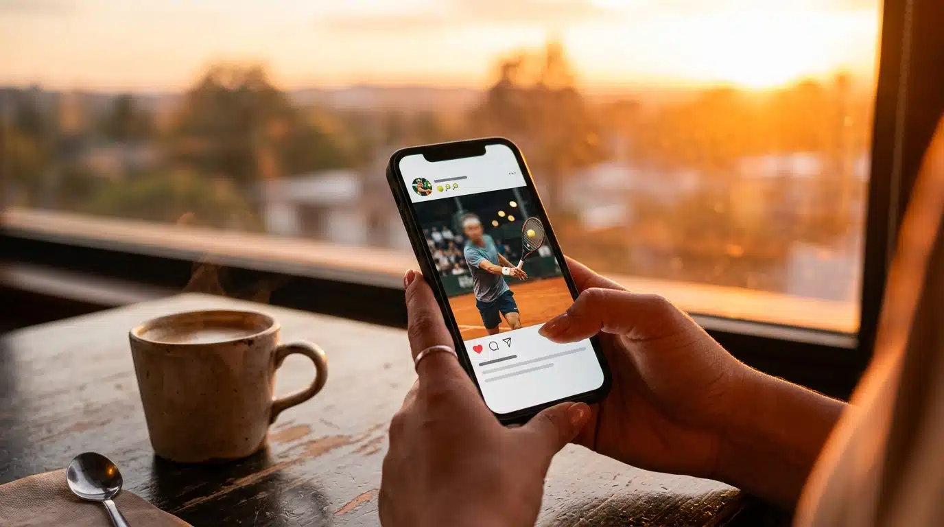 Main tenant un smartphone avec un post sur les réseaux sociaux