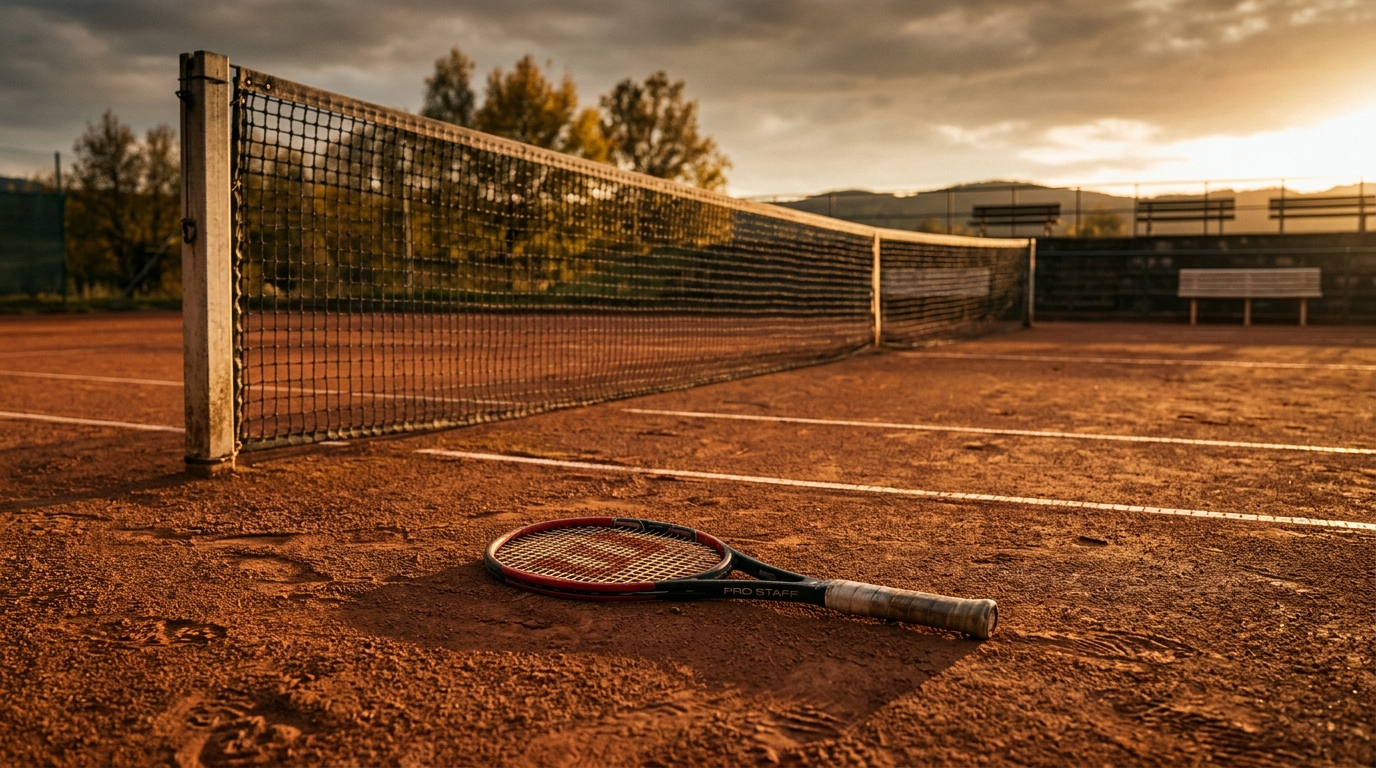Raquette de tennis abandonnée sur un court vide au coucher du soleil