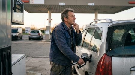 Automobiliste faisant le plein à une station essence