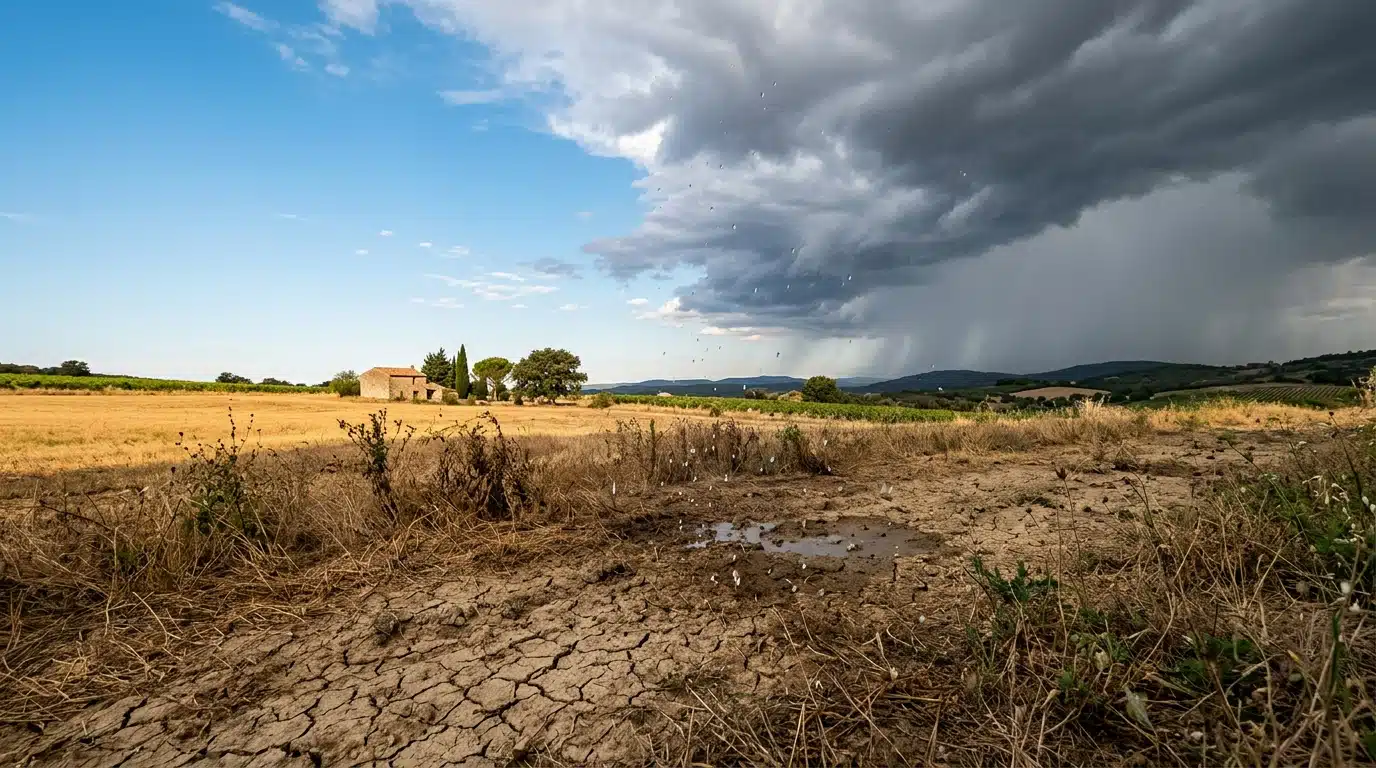 Ciel partagé entre soleil et orage annonçant la pluie
