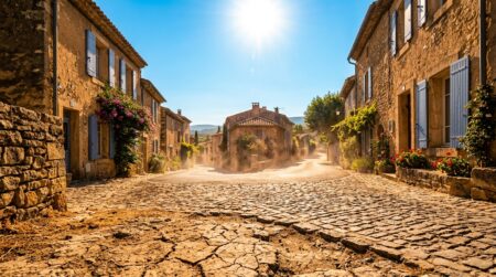 Rue française déserte sous une chaleur écrasante et lumineuse