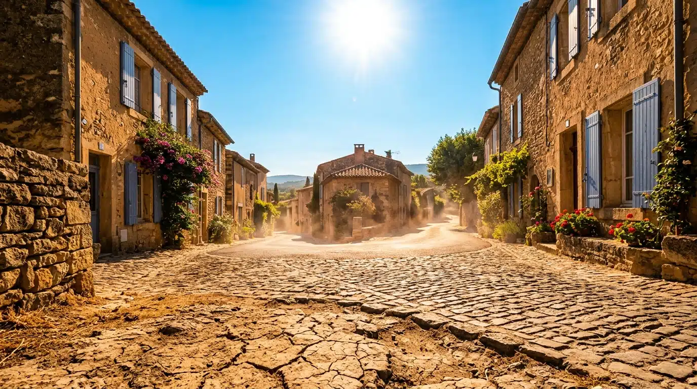 Rue française déserte sous une chaleur écrasante et lumineuse