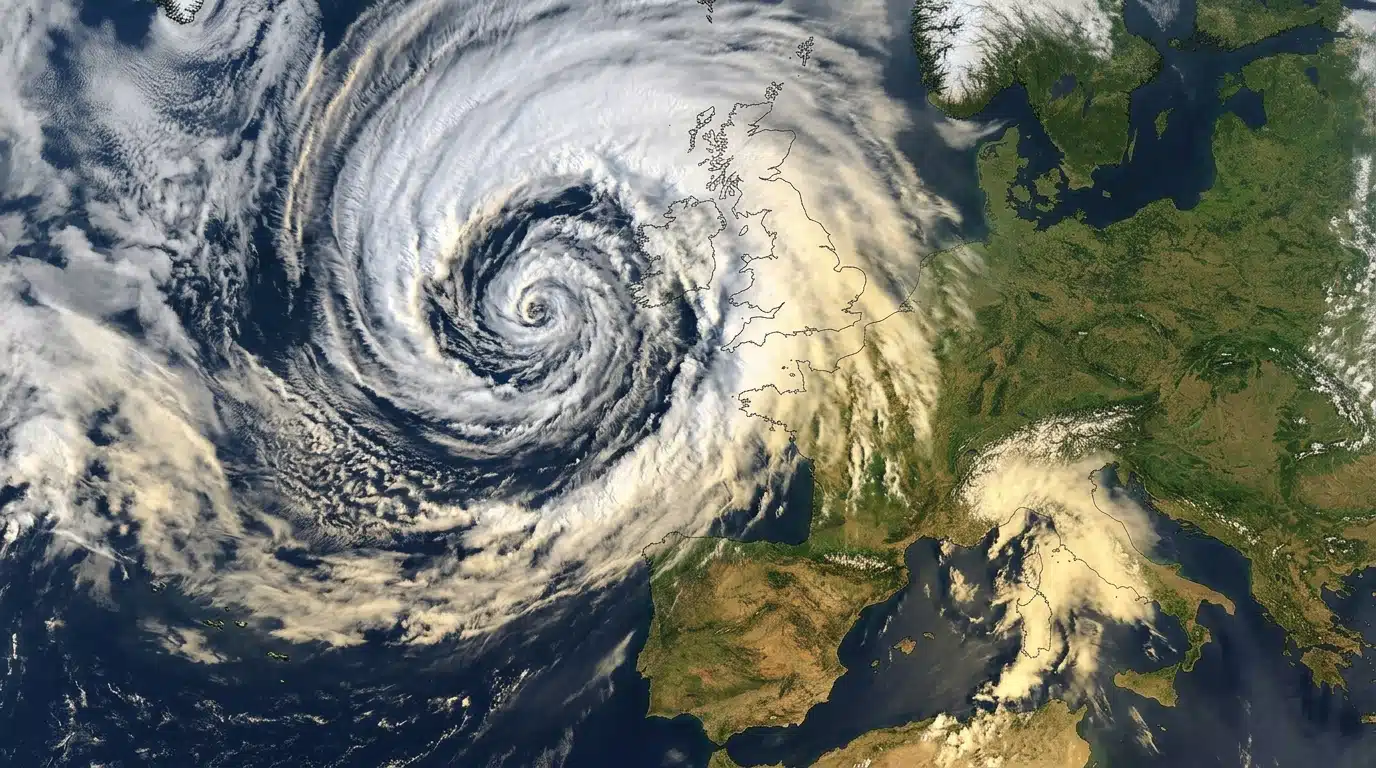 Vue aérienne de masses nuageuses au-dessus de l'Europe