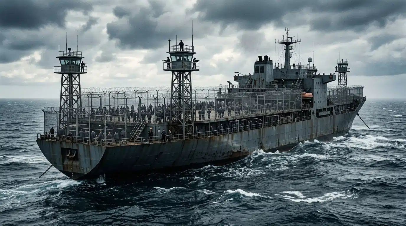 Navire pénitentiaire gris ancré en pleine mer