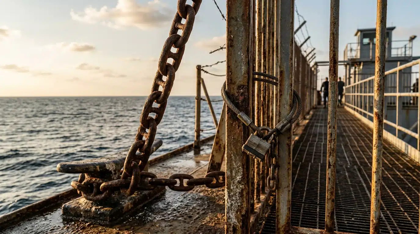 Chaîne d'ancre et grillage métallique sur un bateau